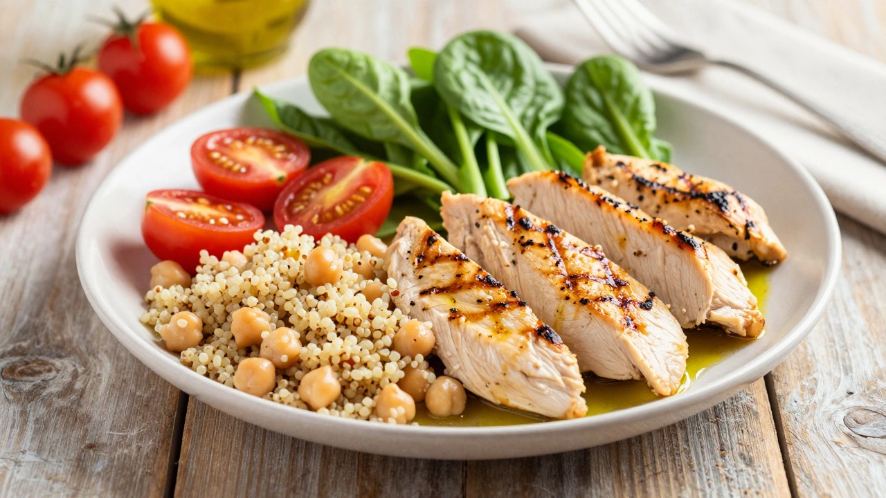 Balanced lunch plate with grilled chicken, quinoa, and veggies