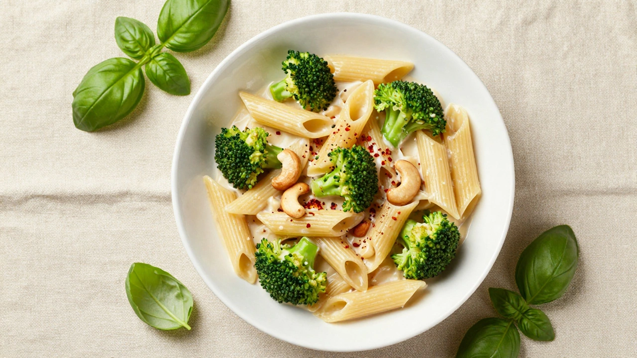 Bowl of creamy vegan cashew pasta with broccoli and red pepper flakes