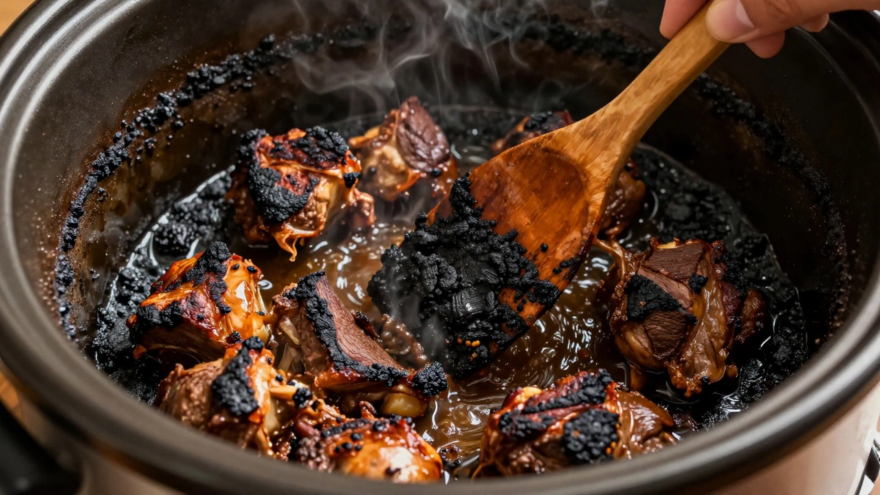 Burnt, charred meat residue at the bottom of a dry slow cooker