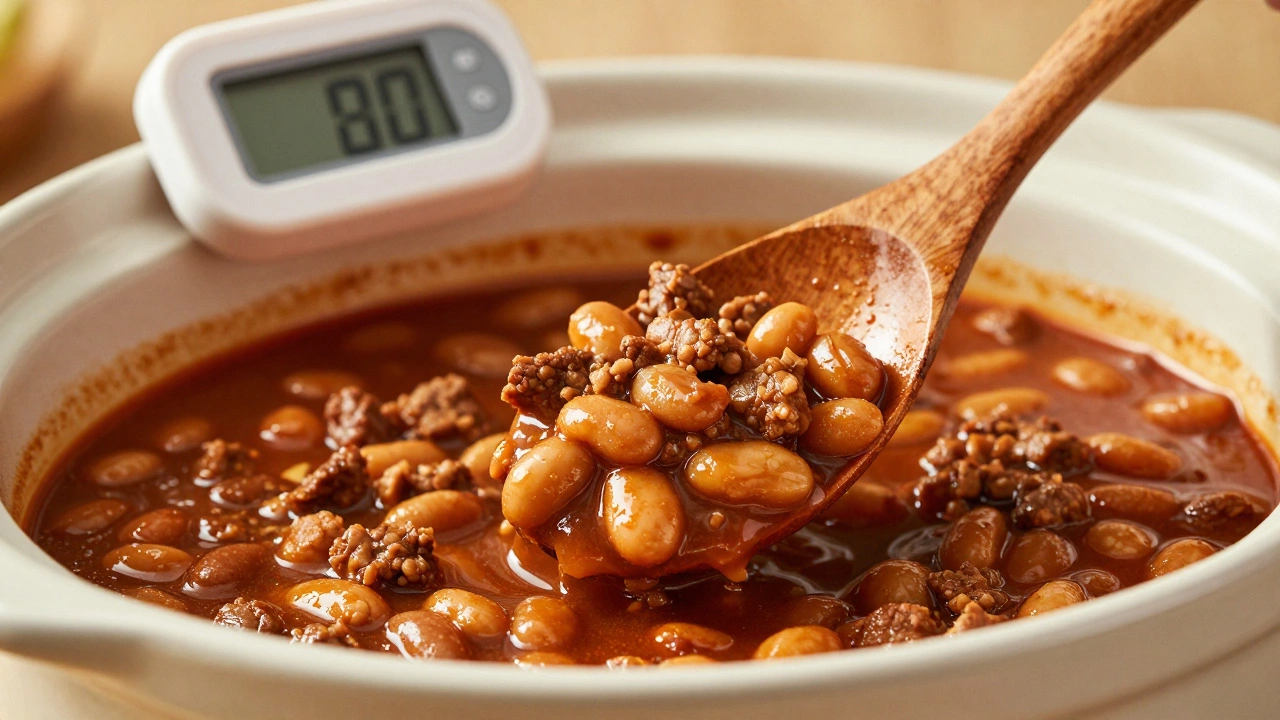 Close-up of wooden spoon stirring thick chili in ceramic slow cooker insert with thermometer