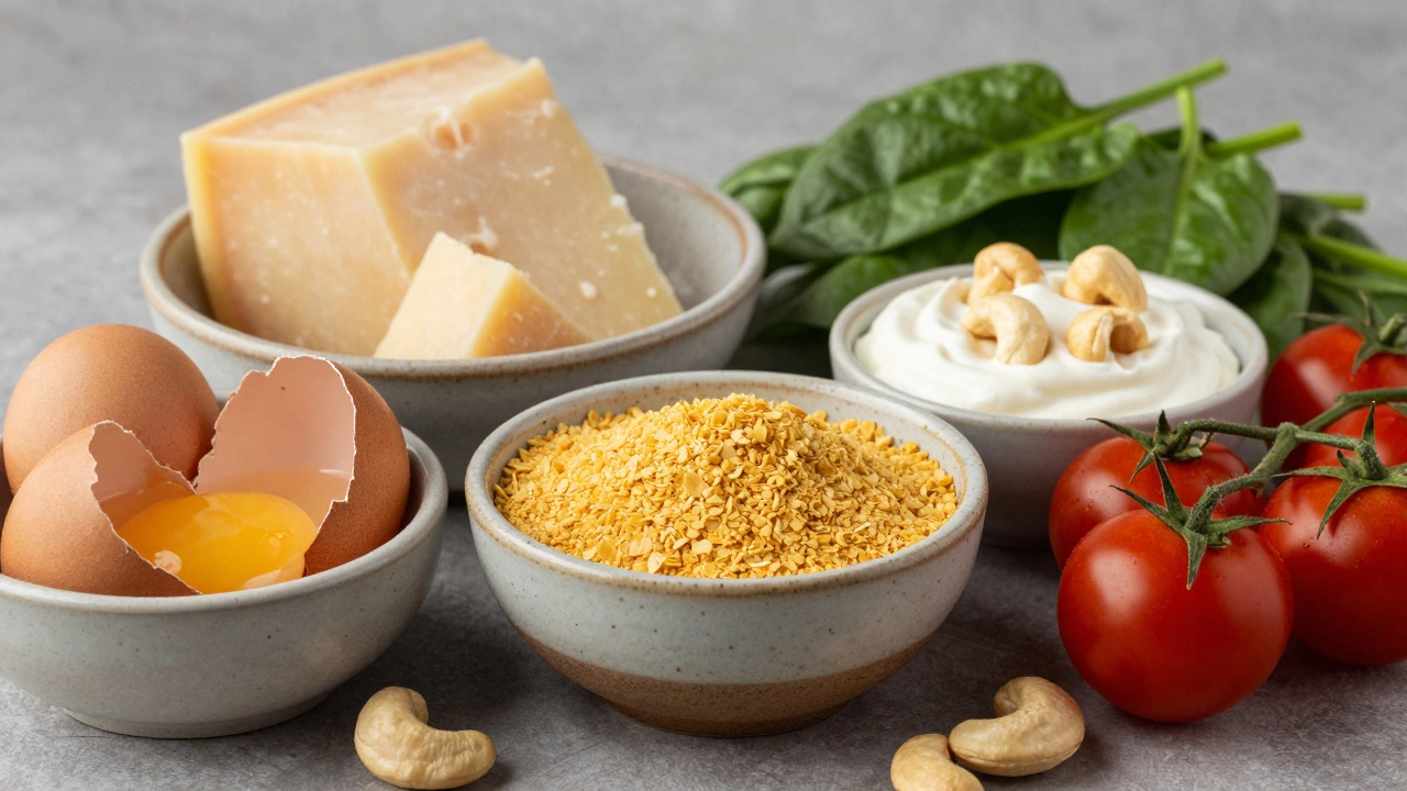 Contrast between eggs and cheese vs nutritional yeast and cashews for vegan cooking