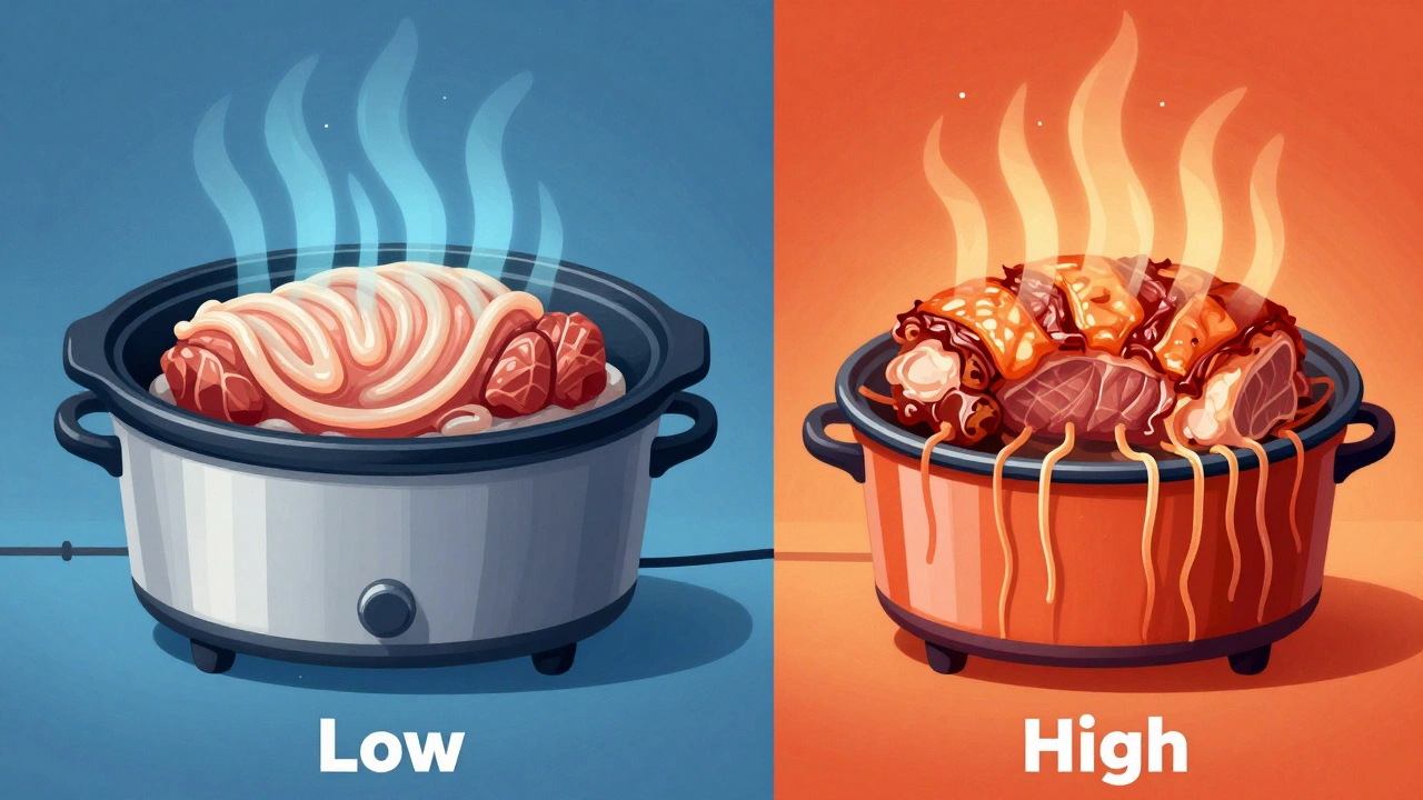 Cross-section comparison showing how low heat tenderizes meat versus high heat drying it.