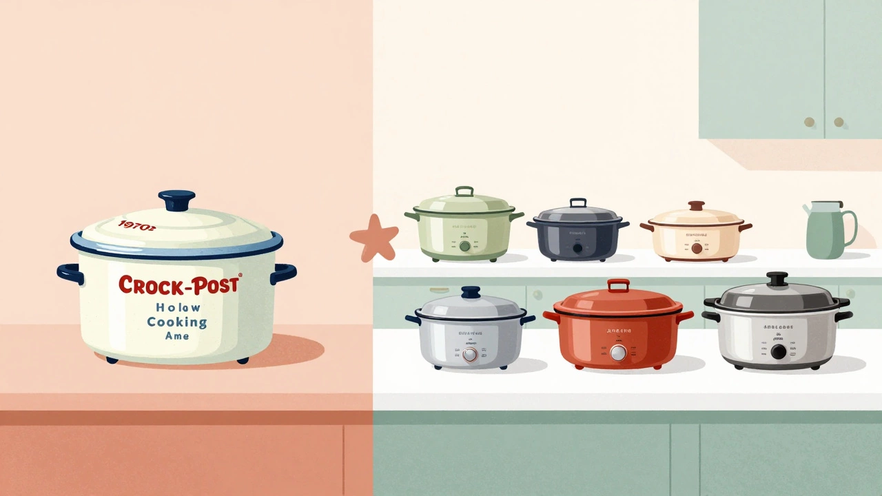 Editorial illustration comparing vintage 1970s slow cooker history with modern appliances