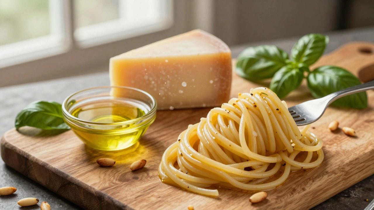 Fresh ingredients like parmesan, olive oil, and basil arranged on wood.