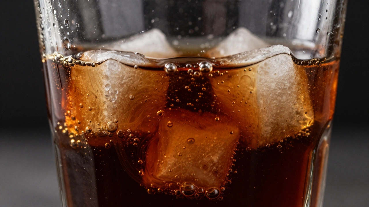 Glass of soda with dissolving sugar cubes illustrating liquid sugar