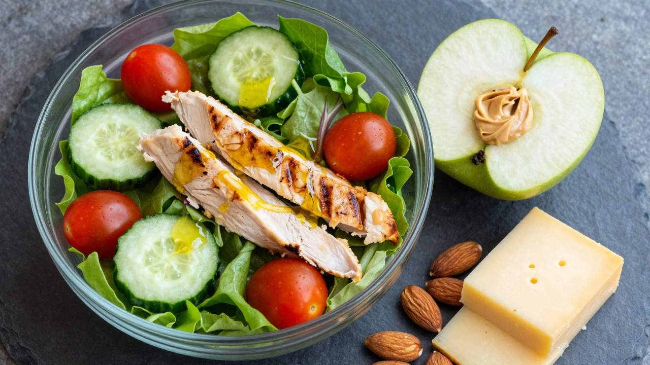 Healthy lunch salad with chicken and an apple with almond butter on a slate board.