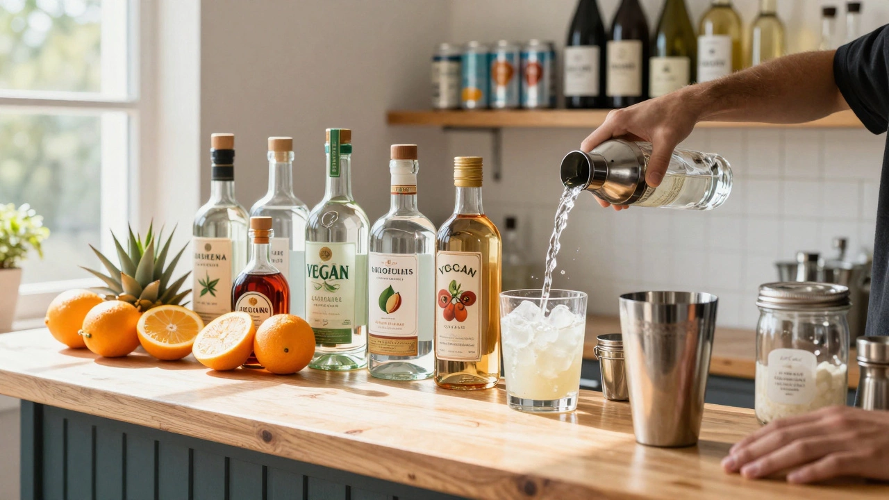 Home bar setup with vegan spirits, agave, and fresh fruit