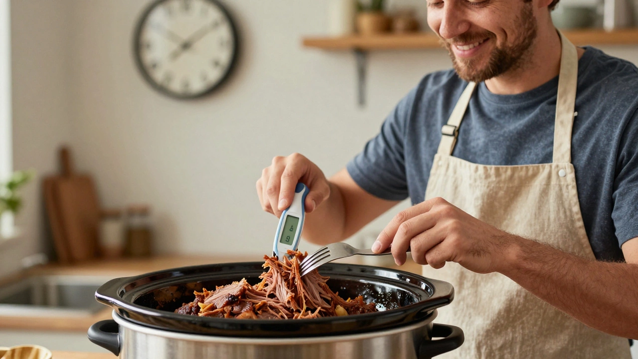 Home cook checking the internal temperature of tender pulled pork in a slow cooker.