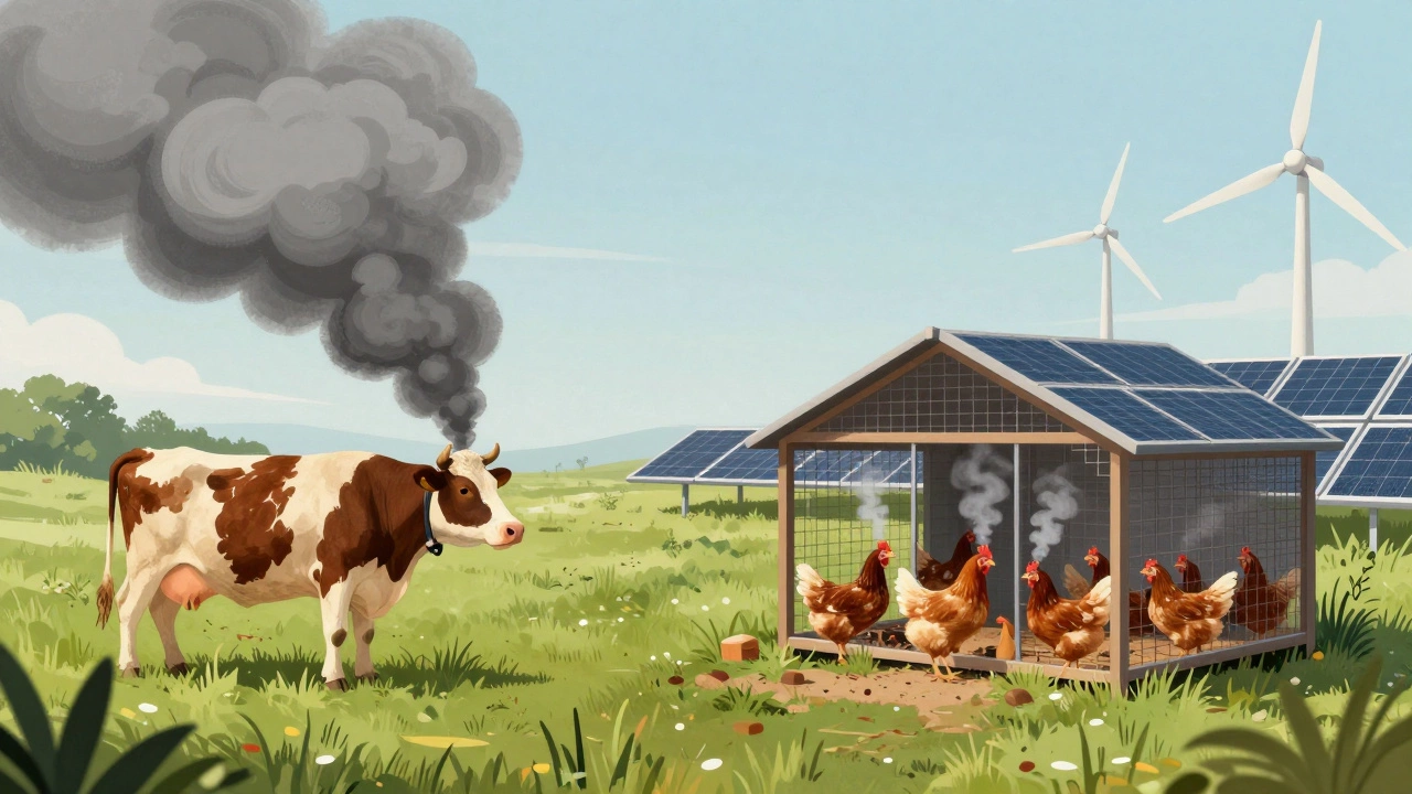 Illustration showing lower carbon footprint of chicken vs beef farming