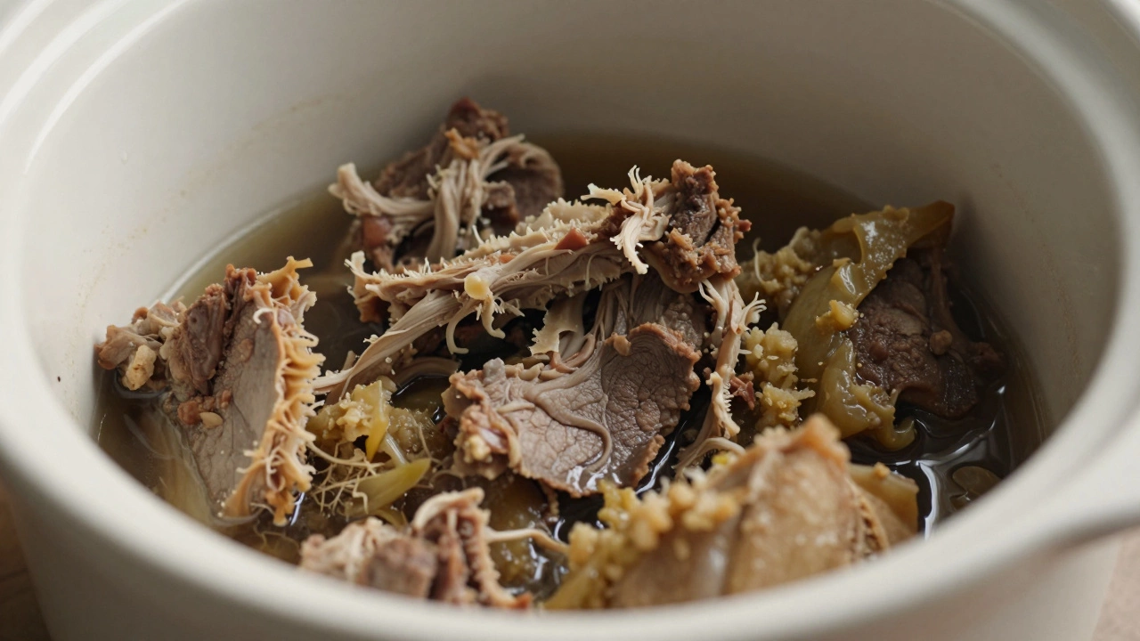 Overcooked, dry meat and mushy vegetables in a slow cooker