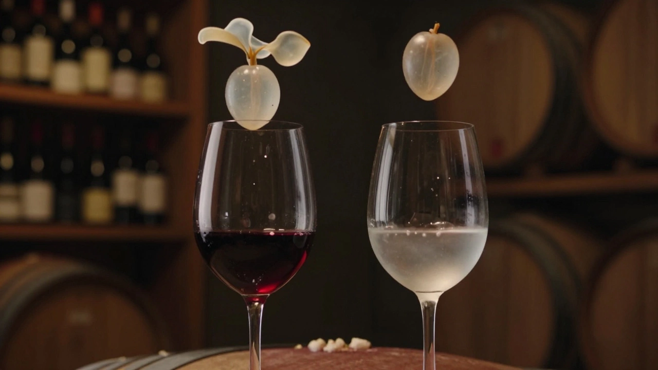 Red wine glasses with ethereal images of fish bladders and egg whites