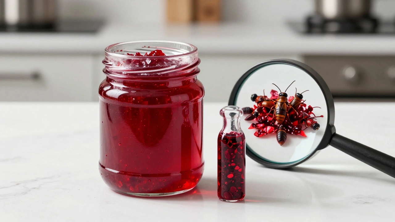 Strawberry jam jar next to a vial of cochineal insects showing carmine dye