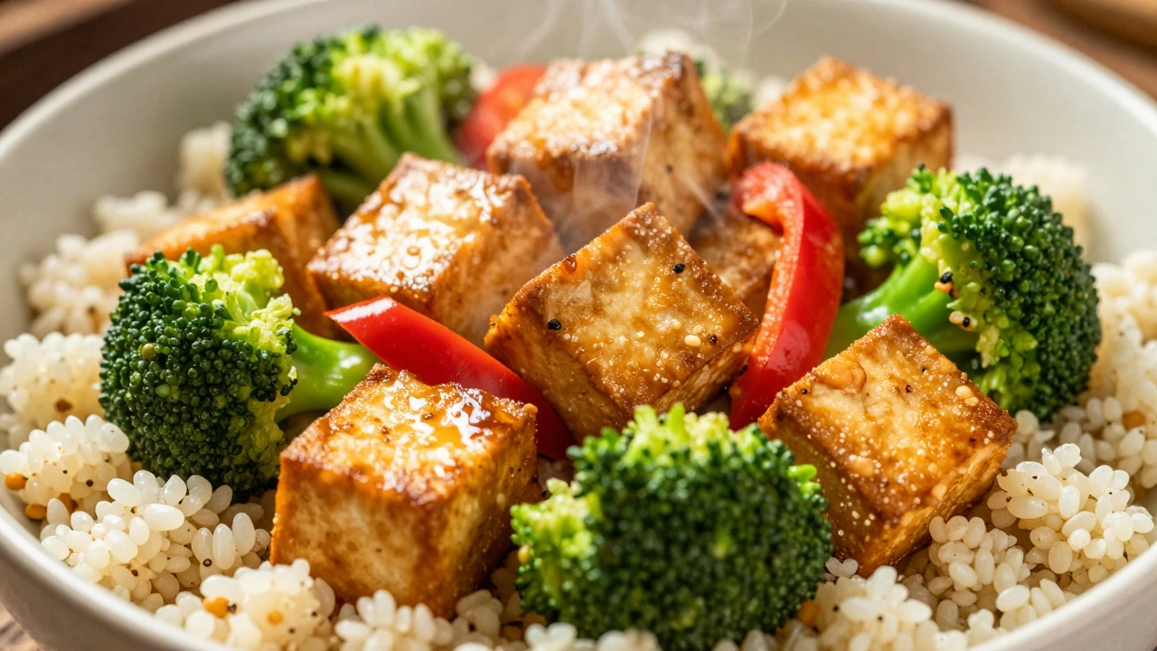 Tempeh and vegetable stir-fry served over quinoa in a ceramic bowl.