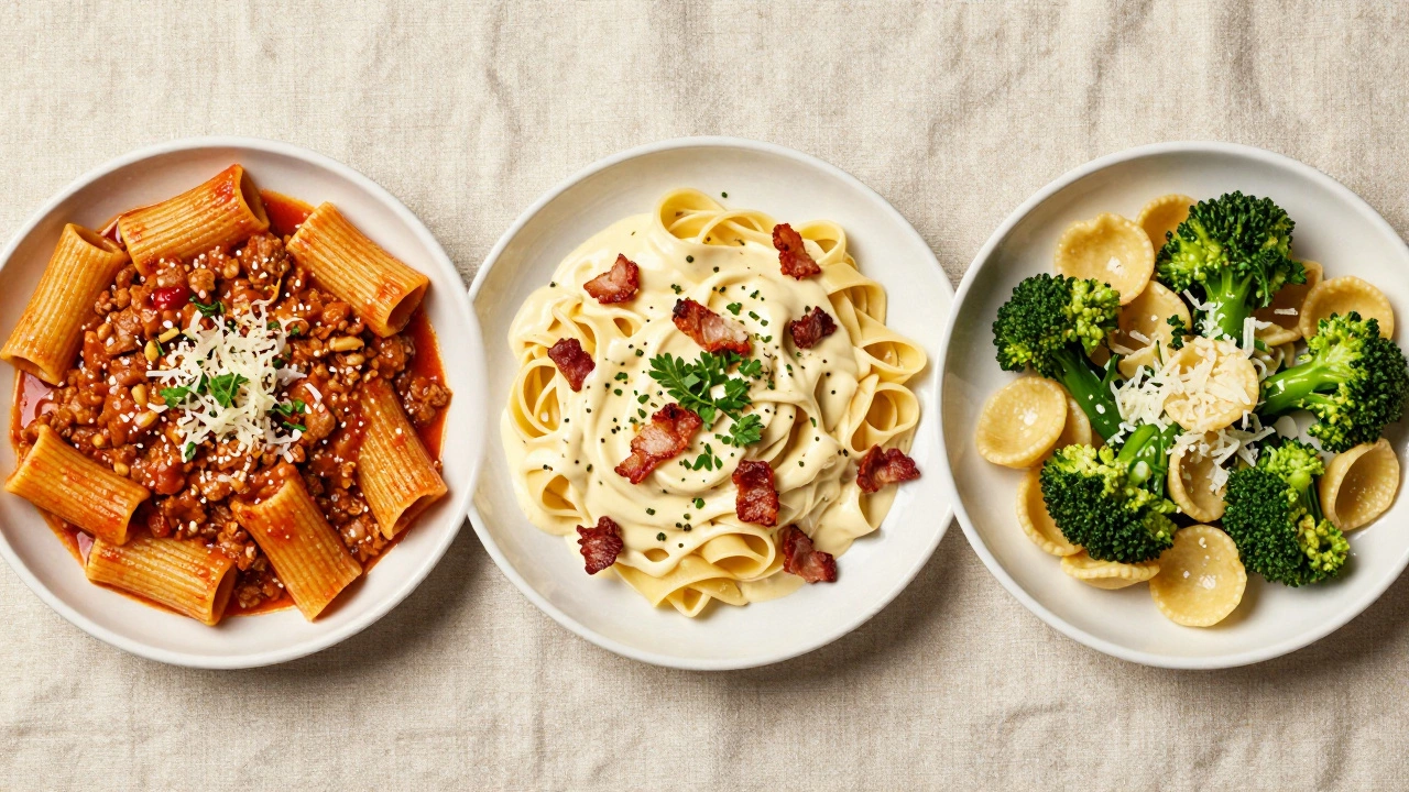 Three types of pasta dishes showing different shapes and sauce pairings.