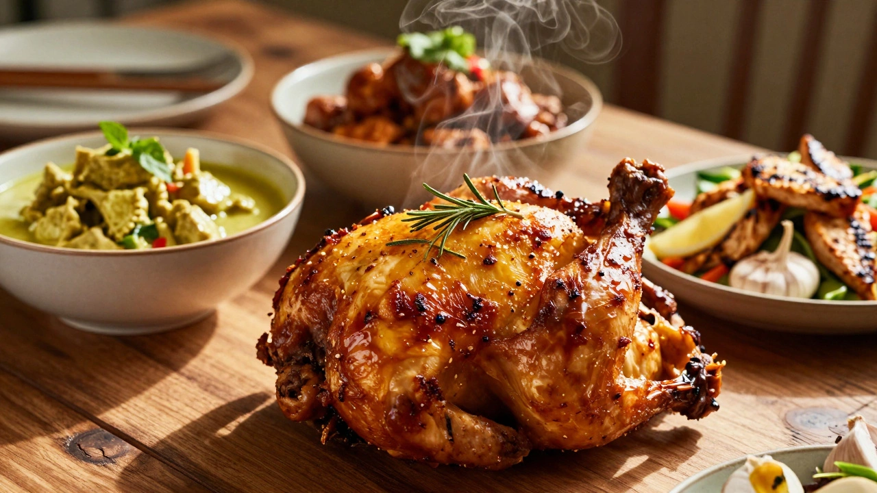 Variety of cooked chicken dishes including roast, curry, and salad