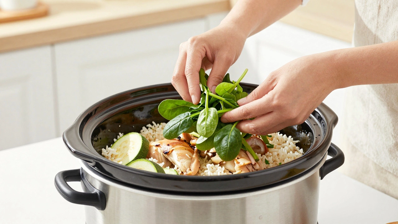 Adding fresh vegetables to chicken and rice in a slow cooker