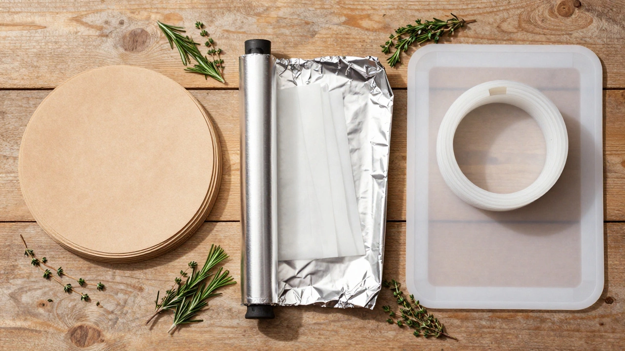Aluminum foil, parchment paper, and silicone mat on wood