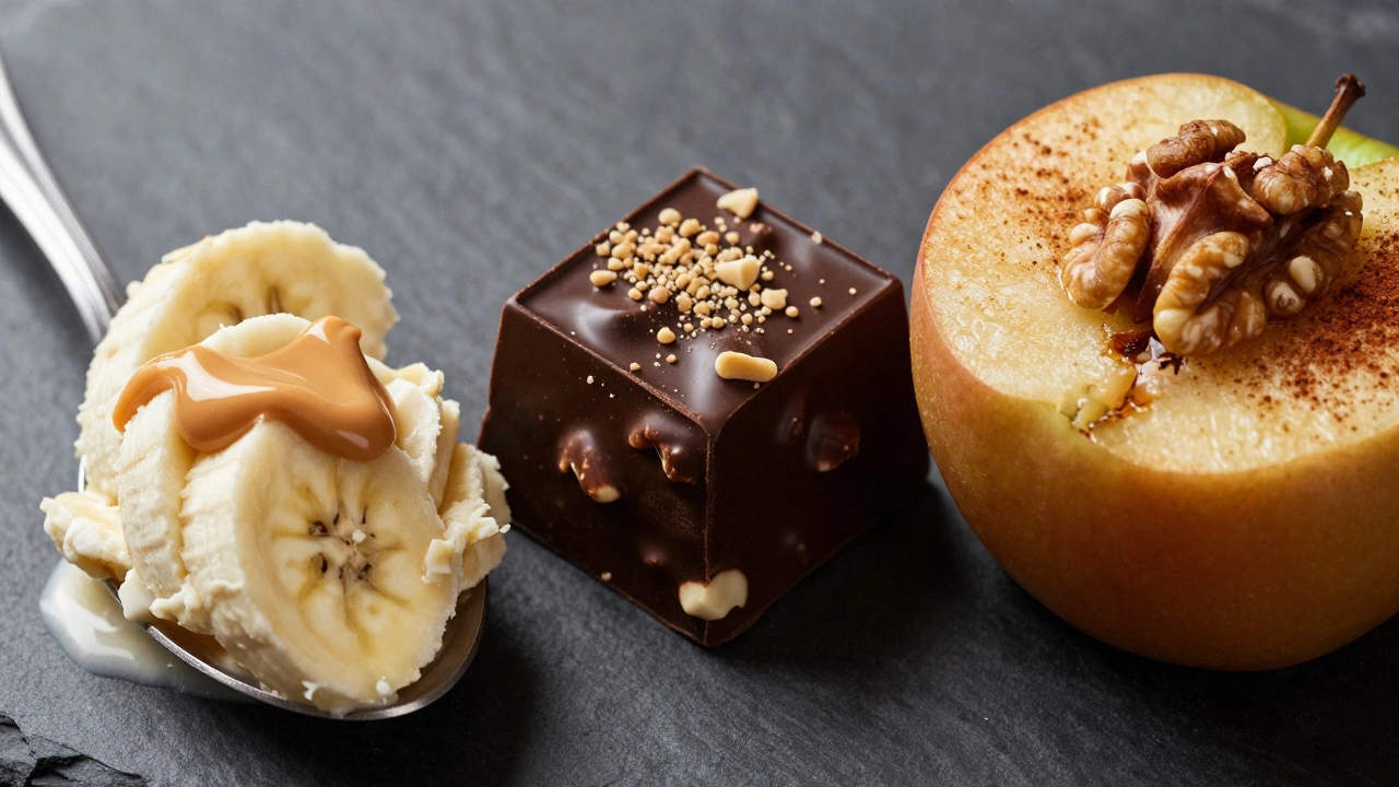 Close-up of dark chocolate bites, nice cream, and baked cinnamon apples on a slate surface