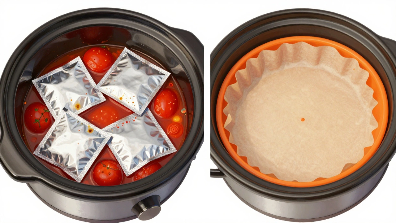 Comparison of foil vs silicone liners in a slow cooker pot