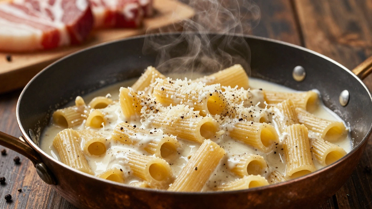 Creamy Cacio e Pepe sauce coating bucatini in a copper pan