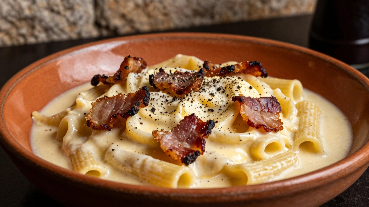 Creamy carbonara pasta with guanciale and black pepper