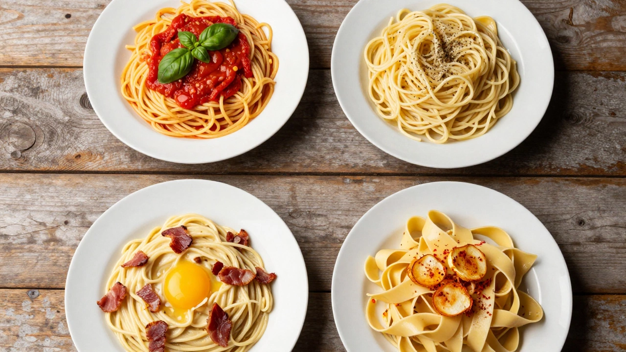 Four plates of classic Italian pasta dishes on a wooden table