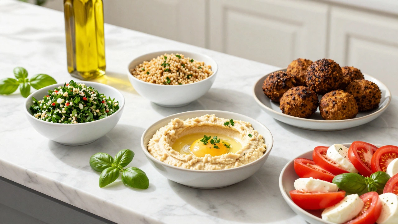 Fresh Mediterranean ingredients including hummus, falafel, and salad