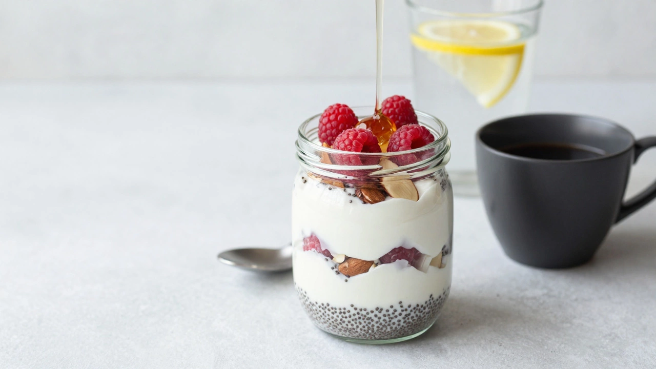 Greek yogurt parfait with berries, nuts, and honey in a glass jar