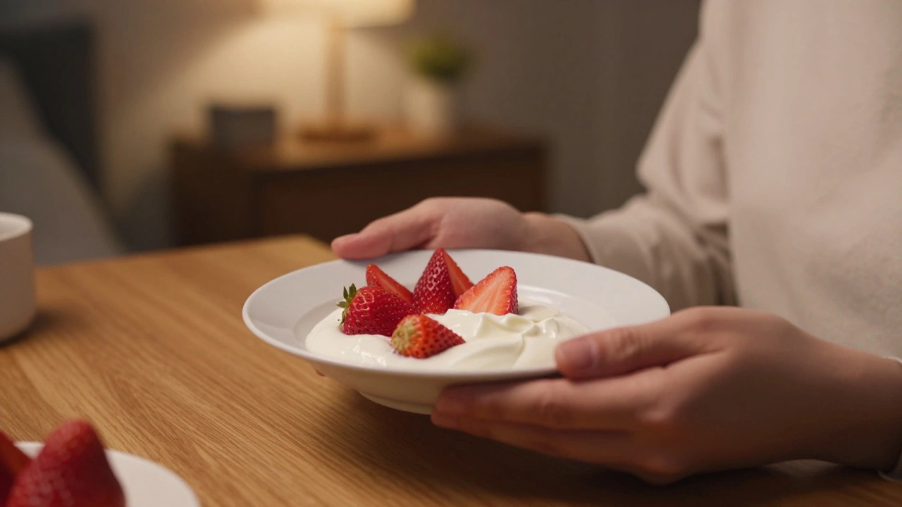 Hands holding a small plate of Greek yogurt parfait in a cozy, warmly lit dining room
