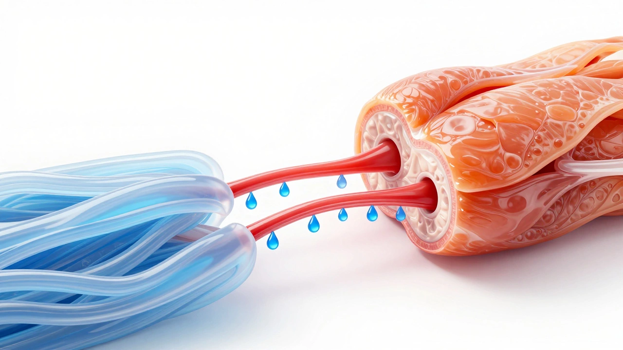Illustration of protein fibers squeezing out water molecules from meat