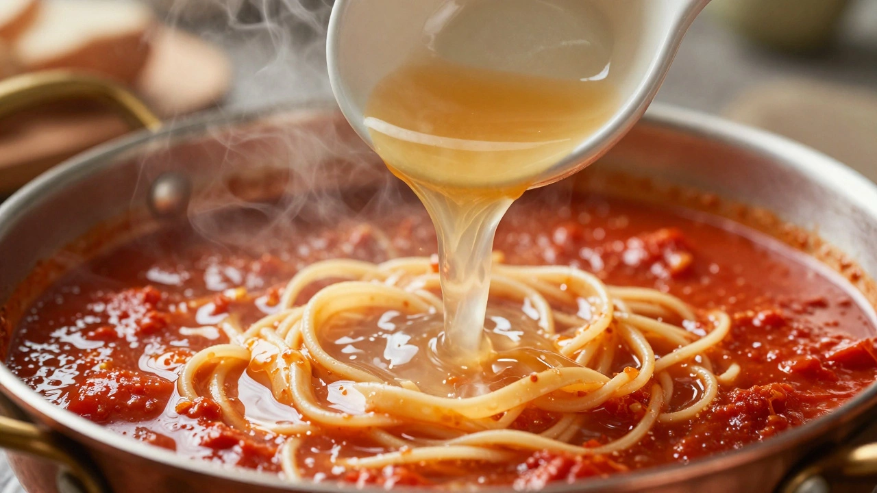 Ladle pouring starchy water into tomato sauce for better adhesion