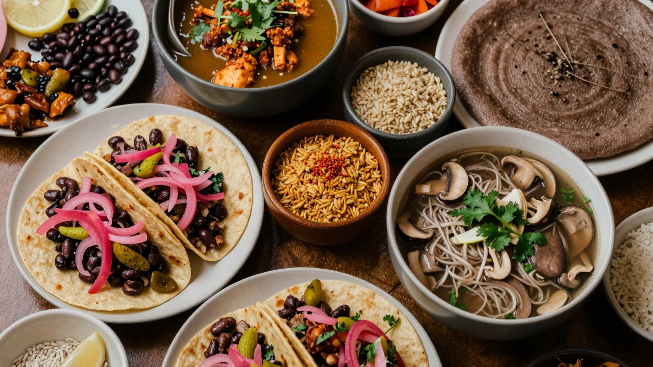 Overhead view of diverse global vegetarian meals from various cuisines