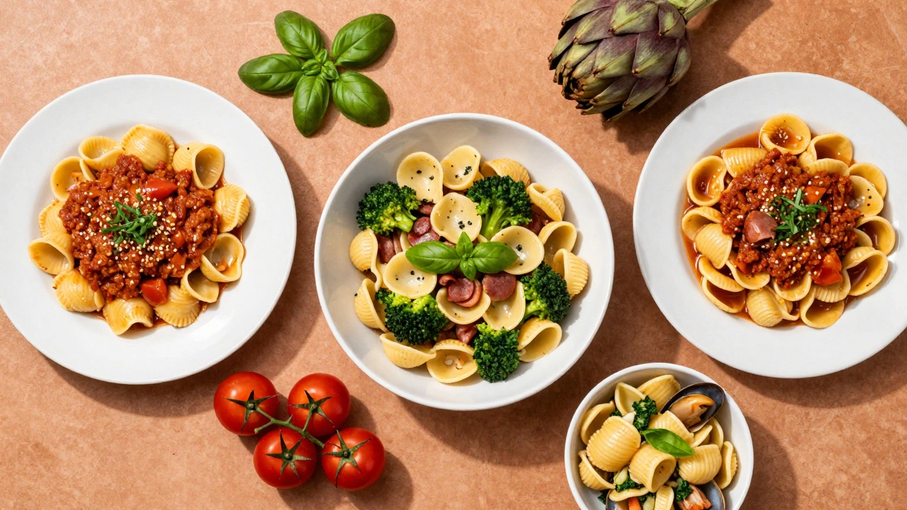 Overhead view of regional Italian pasta dishes with fresh ingredients