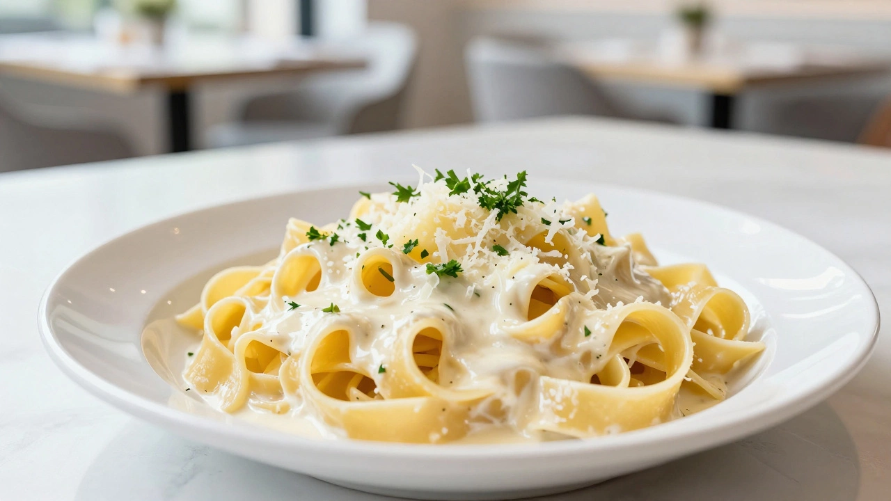 Plate of creamy Fettuccine Alfredo in a bright restaurant setting