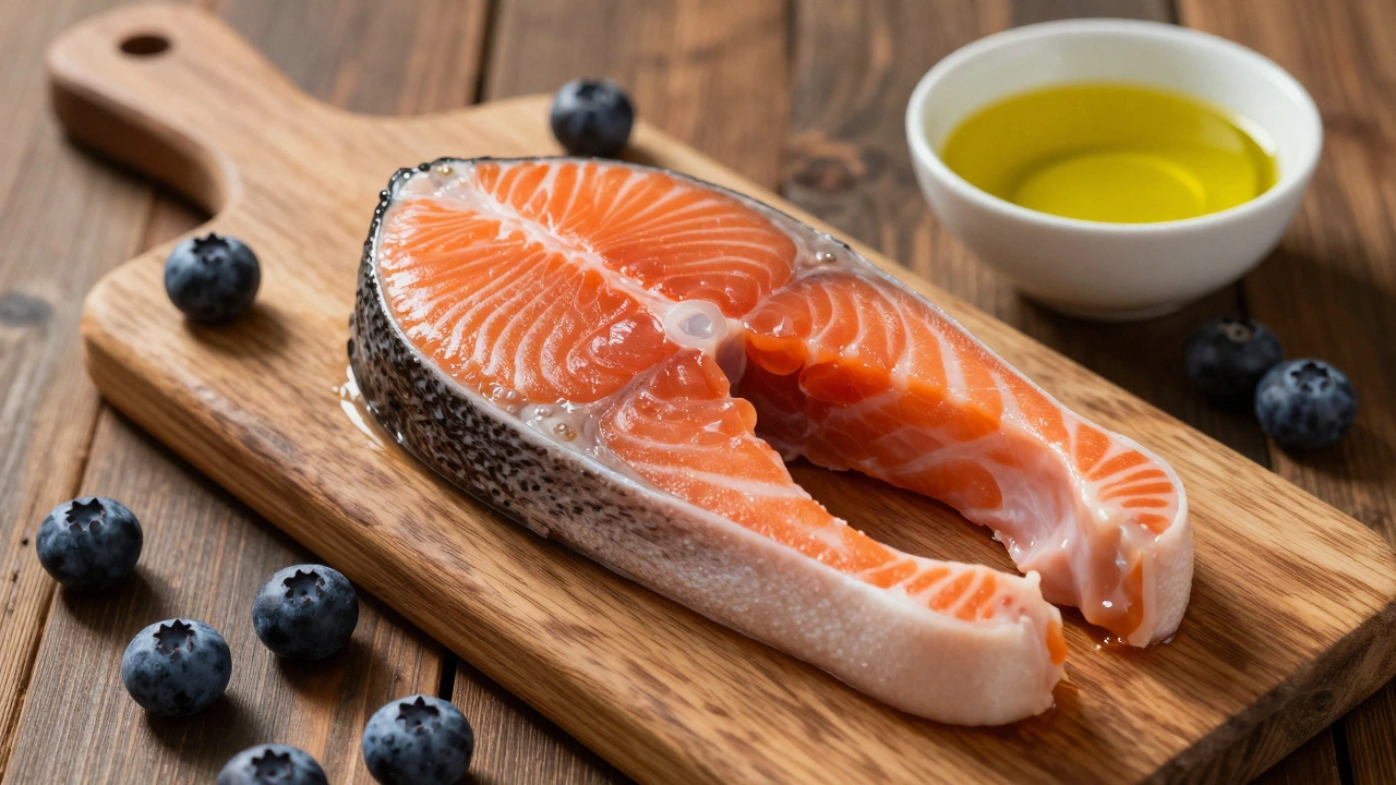 Raw salmon fillet, blueberries, and olive oil arranged on a rustic wooden board.