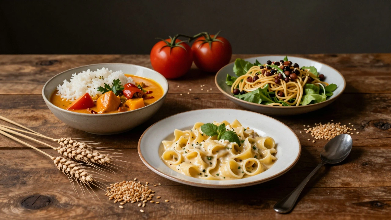 Rustic table with rice curry, creamy pasta, and salad showing variety