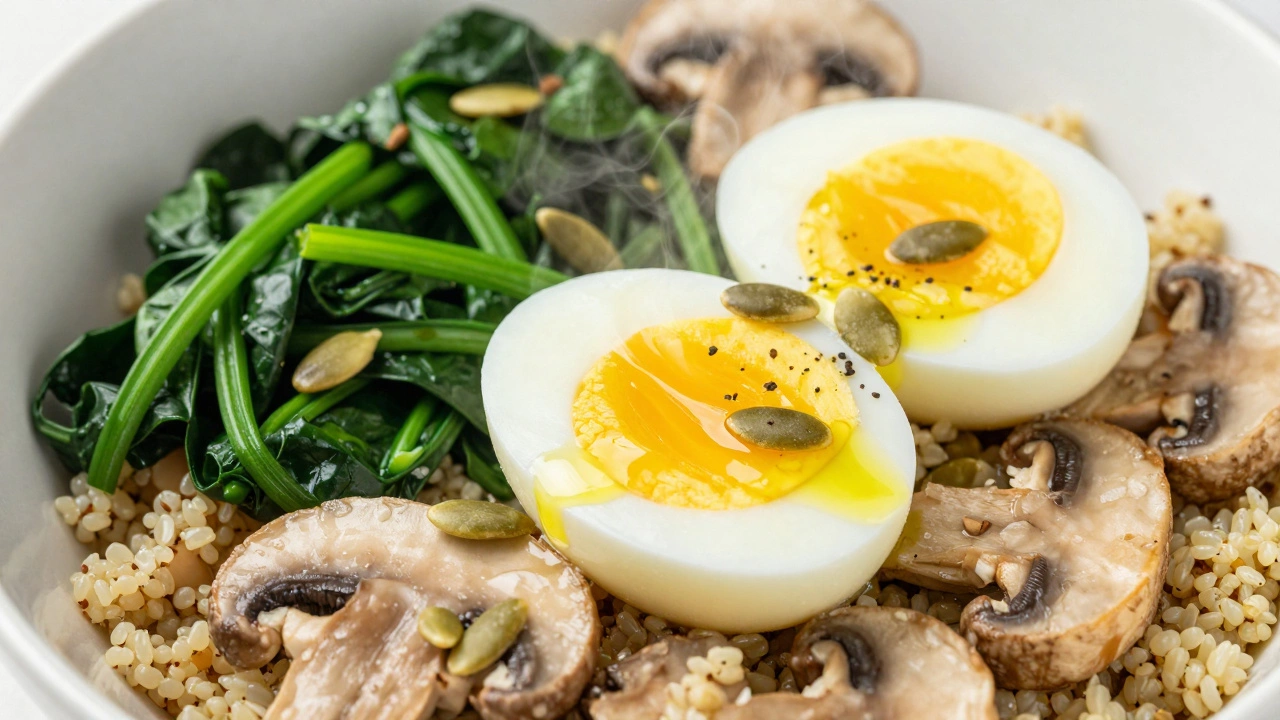 Savory quinoa bowl with spinach, mushrooms, and soft-boiled egg