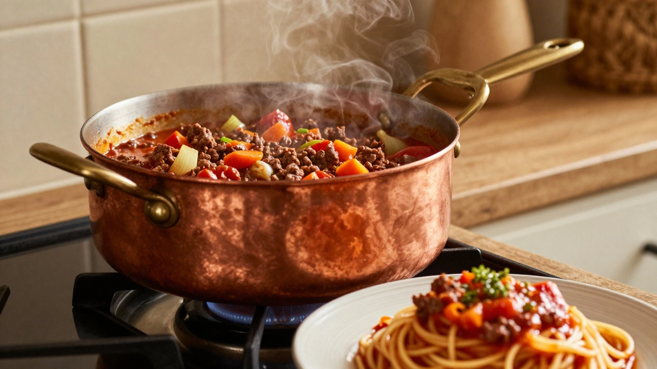 Simmering pot of Spaghetti Bolognese sauce in a cozy kitchen