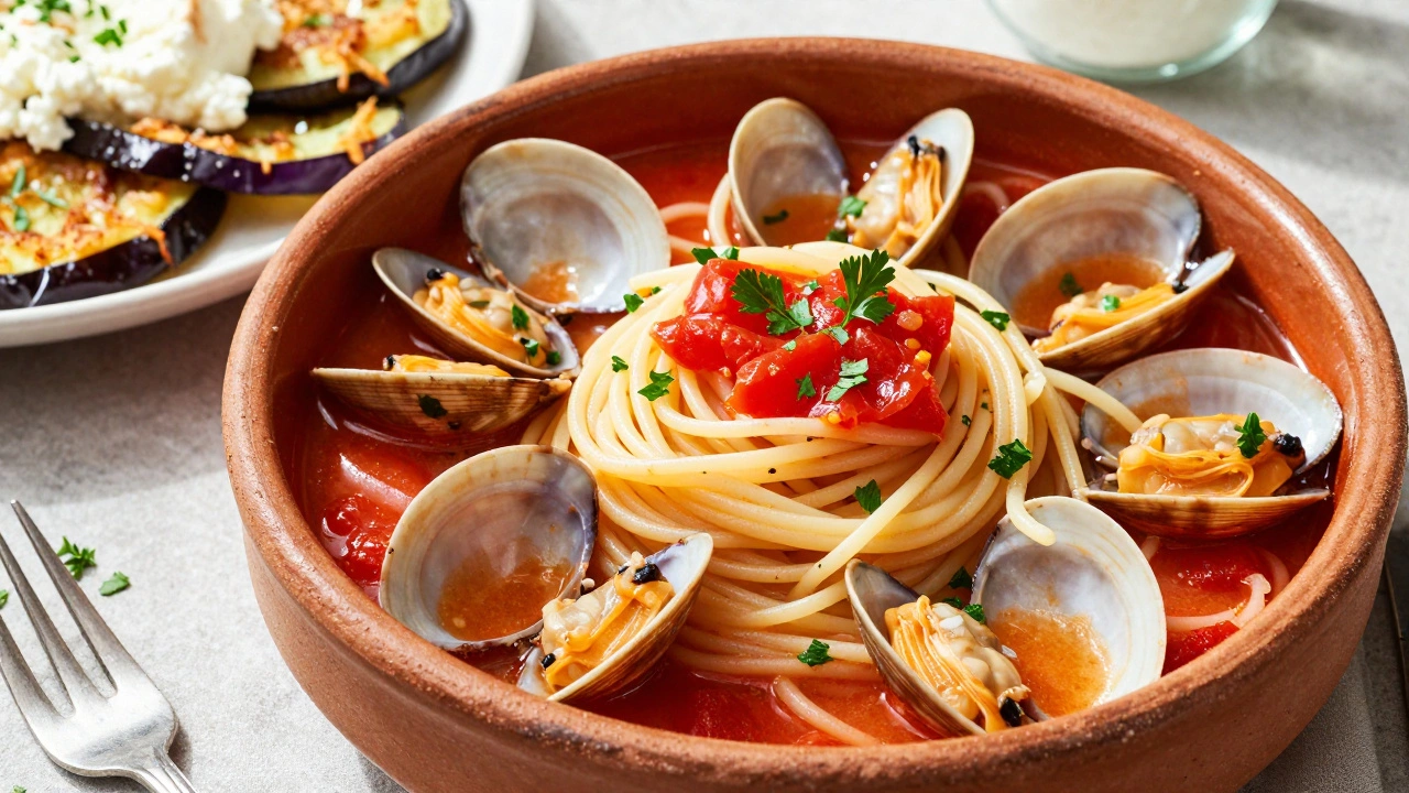 Spaghetti with clams and fried eggplant dishes