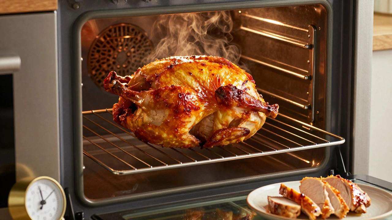 Spatchcocked chicken roasting in an oven with golden crispy skin