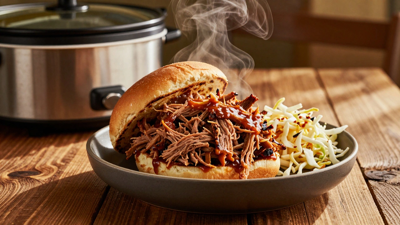 Tender pulled pork sandwich with steaming slow cooker background
