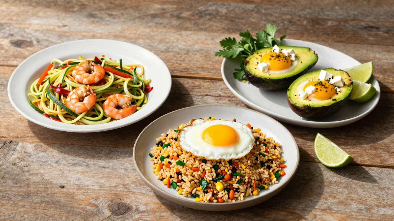 Three healthy low-carb meals on a wooden table