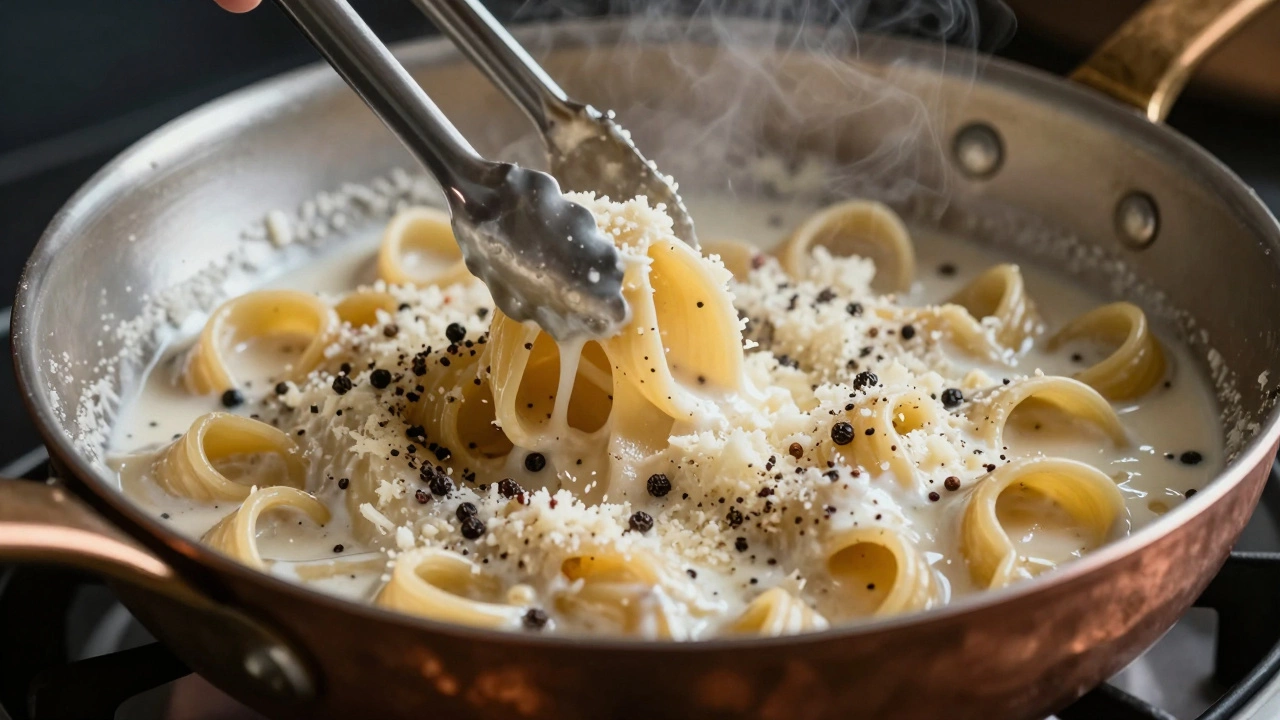 Tonnarelli pasta being tossed with cheese and pepper in a skillet