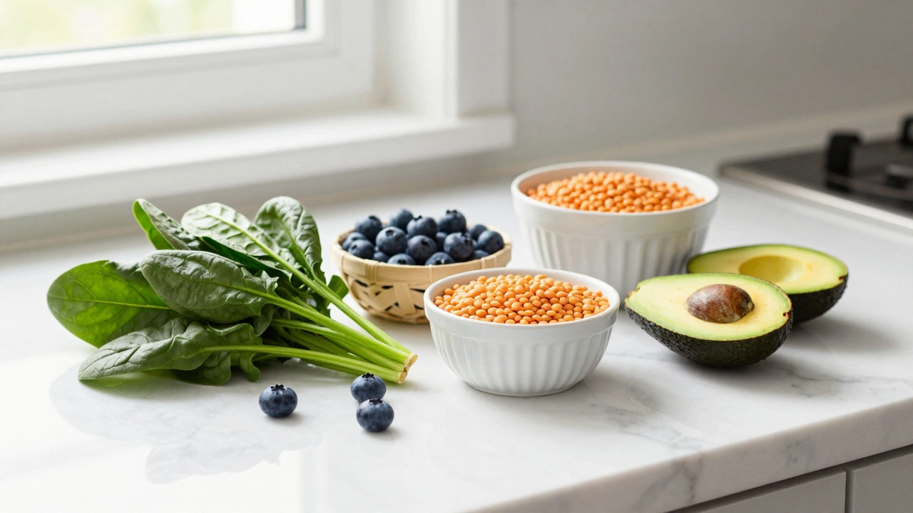 Variety of healthy foods including spinach, blueberries, lentils, and avocado on a counter.
