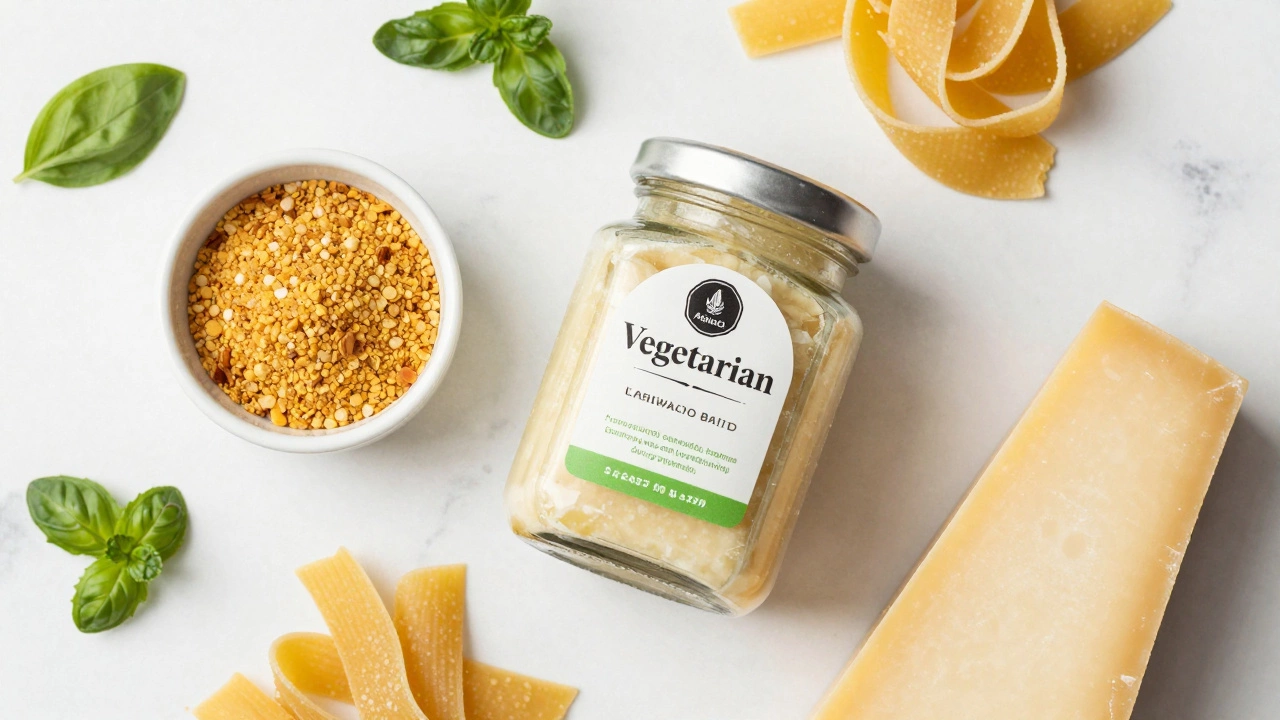 Bowl of nutritional yeast and vegan parmesan alternatives on a kitchen counter