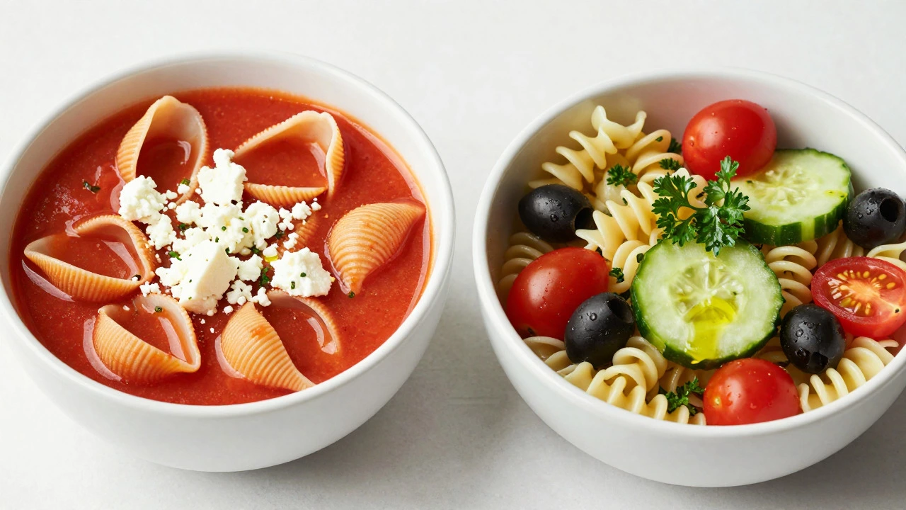 Bowls of Greek shell pasta soup and spiral pasta salad