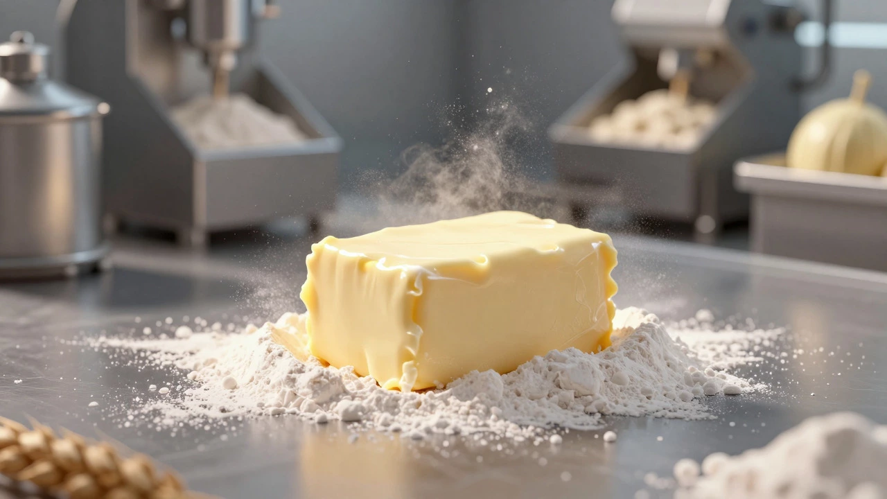 Butter surrounded by floating wheat dust particles