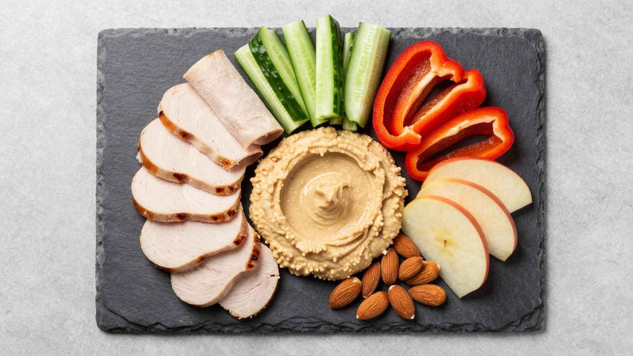 Colorful snack plate with hummus, turkey, fruits, and nuts