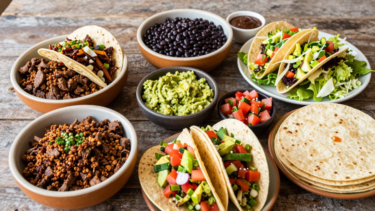 Colorful taco bar spread with meats, beans, and toppings on a rustic table