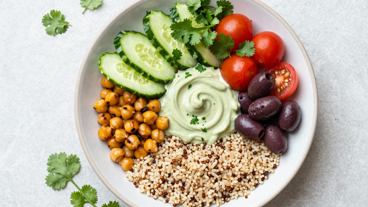 Colorful vegan Buddha bowl with brown rice, veggies, and tahini dressing
